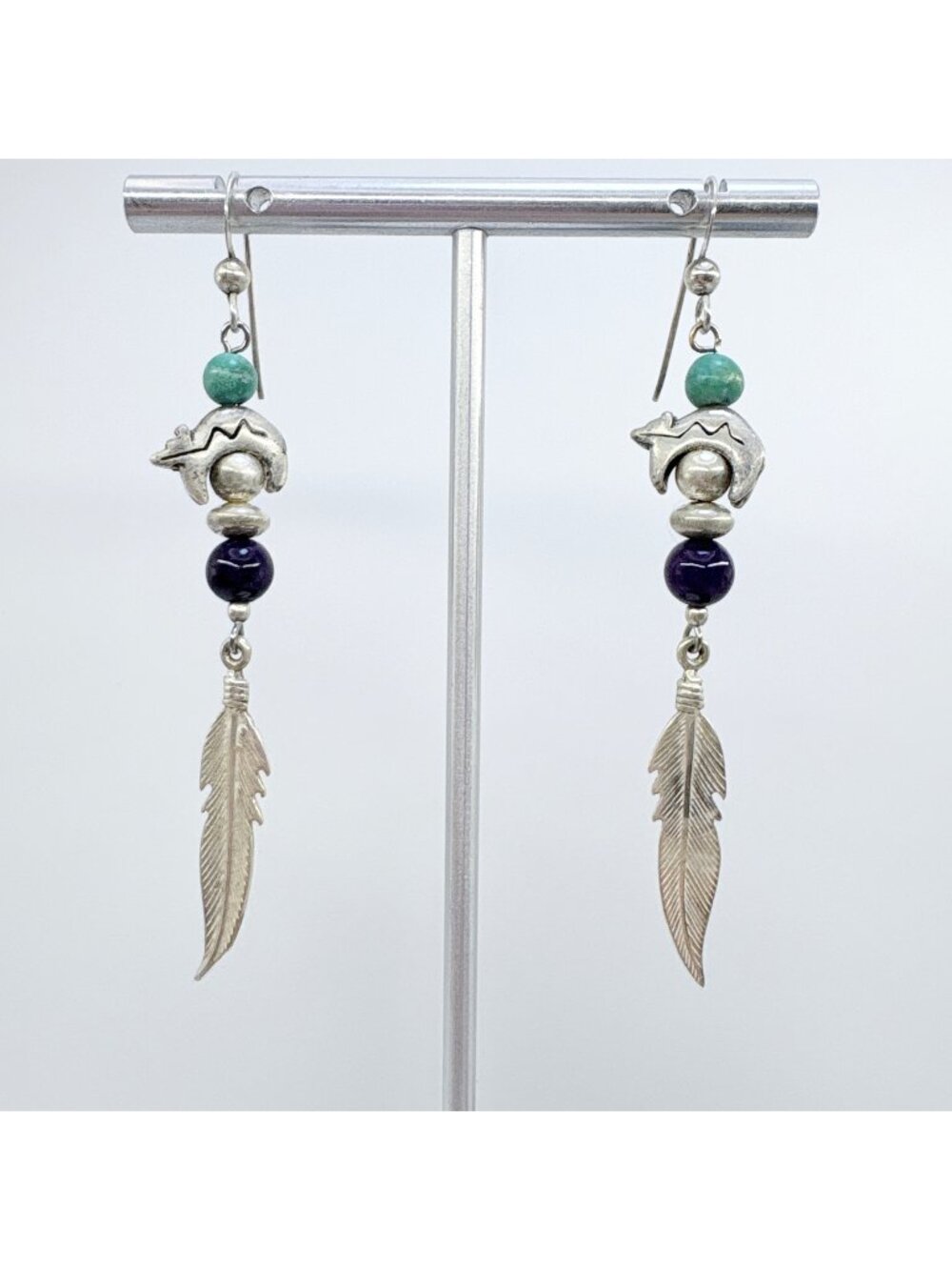 Turquoise Lapis & Sterling Silver 925 Native American Feather Earrings Size 2.75